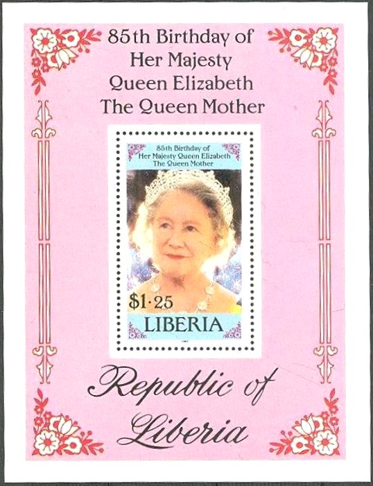 Liberia 1985 85th Birthday of Queen Elizabeth, The Queen Mother Souvenir Sheet Liberia 1985 85th Birthday of Queen Elizabeth, The Queen Mother Souvenir Sheet